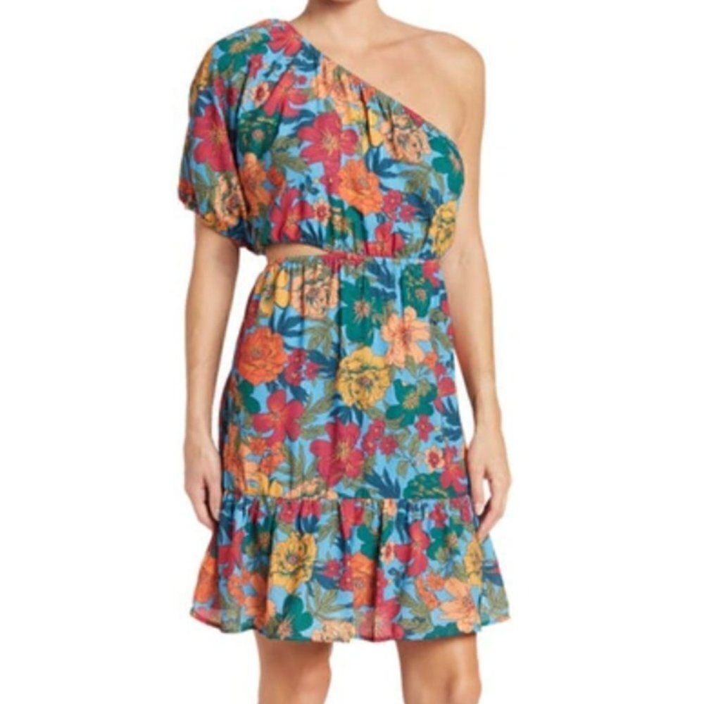 Du Paradis One Shoulder Floral Mini Dress in Size Medium